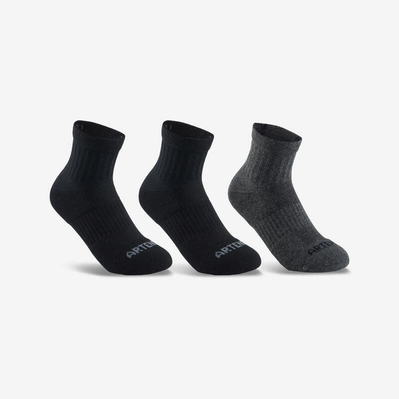 CHAUSSETTES DE SPORT ENFANT MI-HAUTES ARTENGO RS 500 NOIR GRIS LOT DE 3 1 CHAUSSETTES DE SPORT ENFANT MI-HAUTES ARTENGO RS 500 NOIR GRIS LOT DE 3
